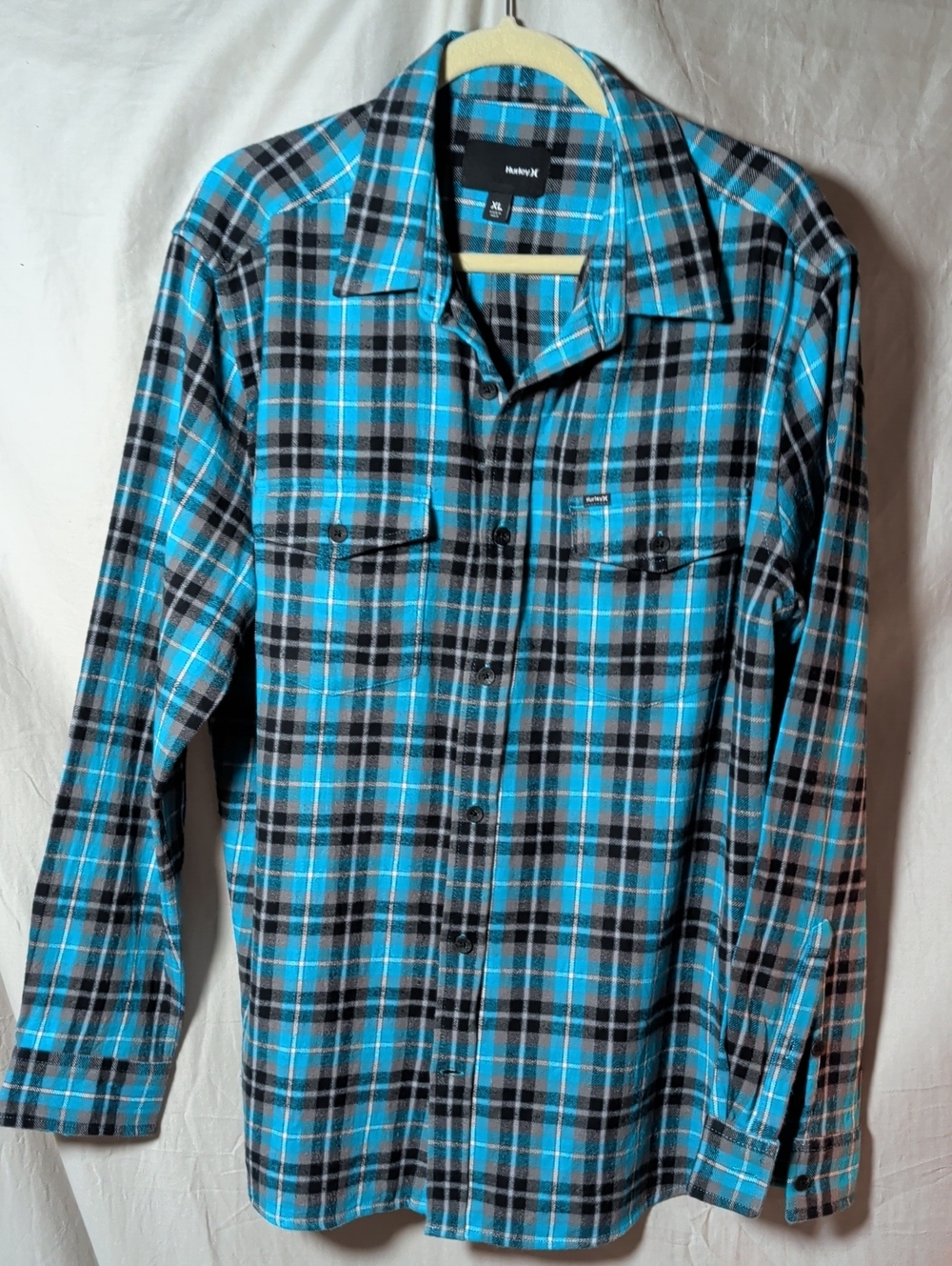Hurley Turquoise and Black Plaid Long-Sleeve Button-Down Flannel Shirt